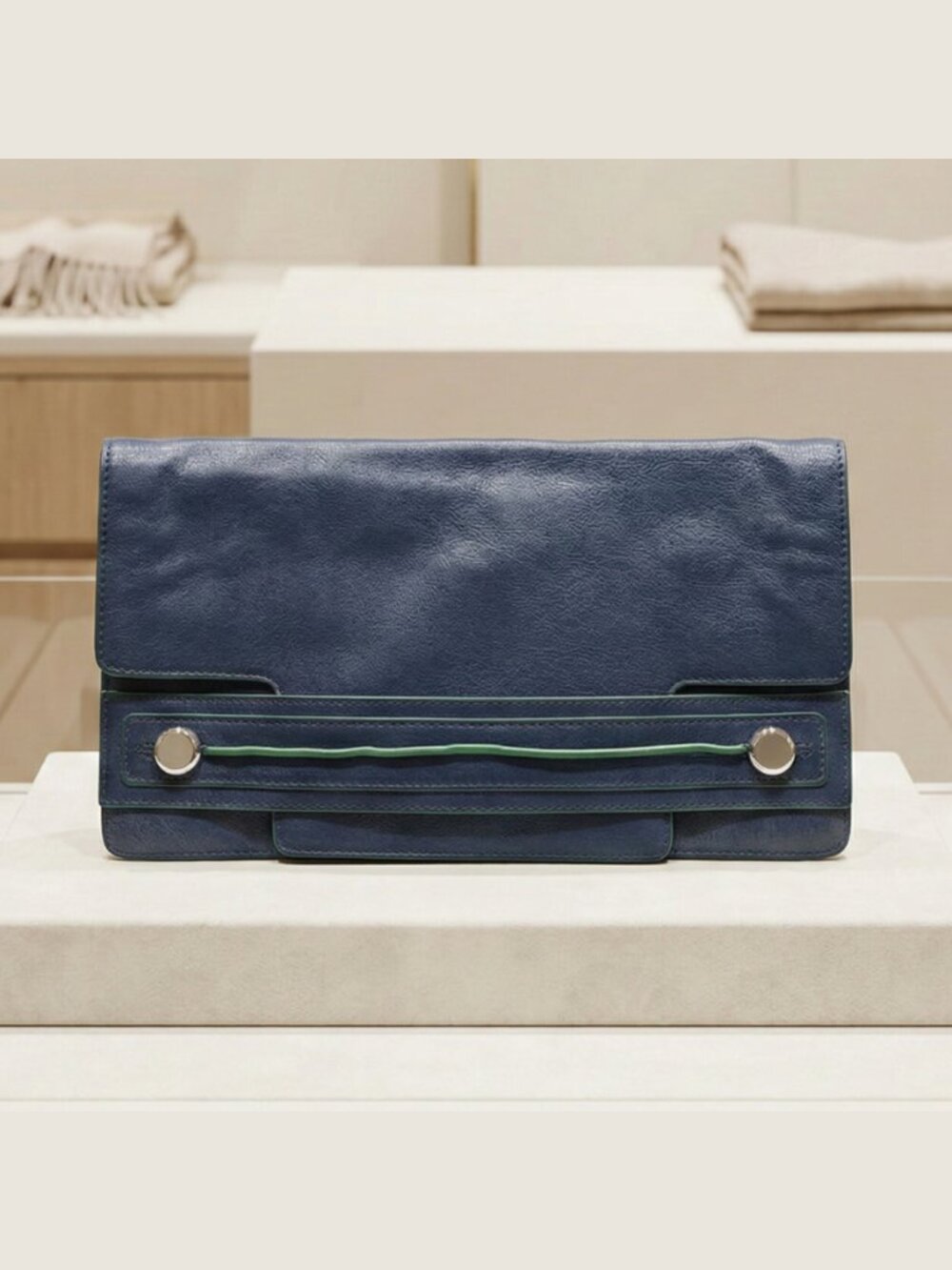 Banana Republic Leather Clutch Office Siren Y2K Blue Envelope Green Trim Silver